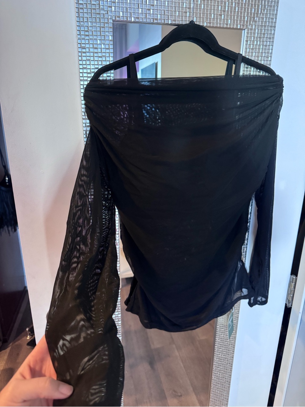 HALARA Black Off-Shoulder Sheer Mesh Long-Sleeve Top - Picture 5 of 7